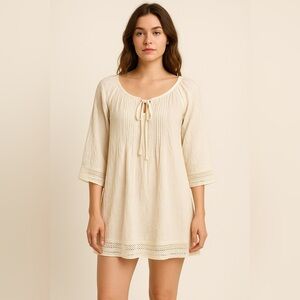 Aimage Women’s Cream Ivory Pintuck Boho Tunic Mini Dress L Semi Sheer Crochet
